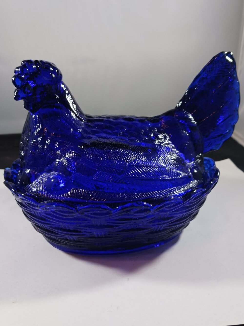 Vintage MCM Cobalt Blue Glass Hen on Nest Covered Dish Split Tail